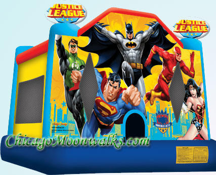 Justice League Bounce House features Green Lantern Superman, Batman, Flash and Wonder Woman